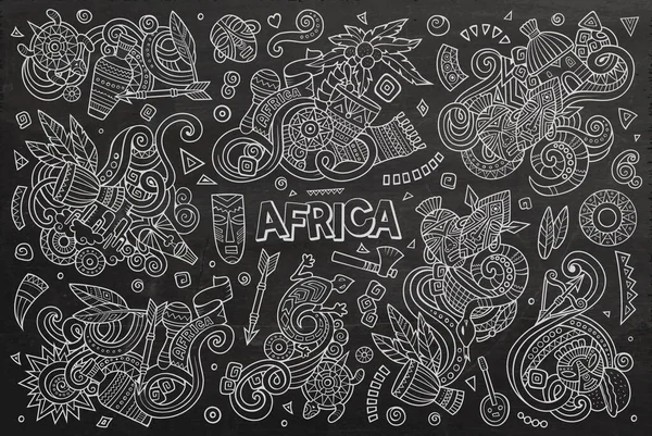 Krijtbord Vector Hand Getekend Doodle Cartoon Set Van Afrika Objecten — Stockvector