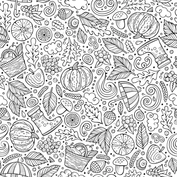 Мультфильм Симпатичный Нарисованный Вручную Autumn Безшипный Узор Линейное Искусство Детальное — стоковый вектор