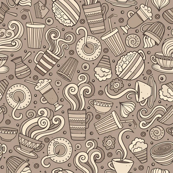 Desenhos Animados Mão Desenhada Café Chá Sem Costura Padrão Muitos — Vetor de Stock