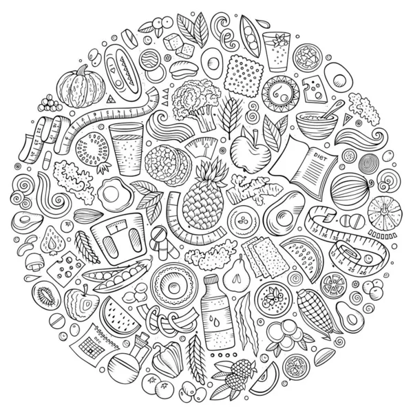 Zestaw Wektorowych Kreskówek Doodle Dietetyczne Obiekty Spożywcze Zebrane Kręgu Pobieranie — Wektor stockowy