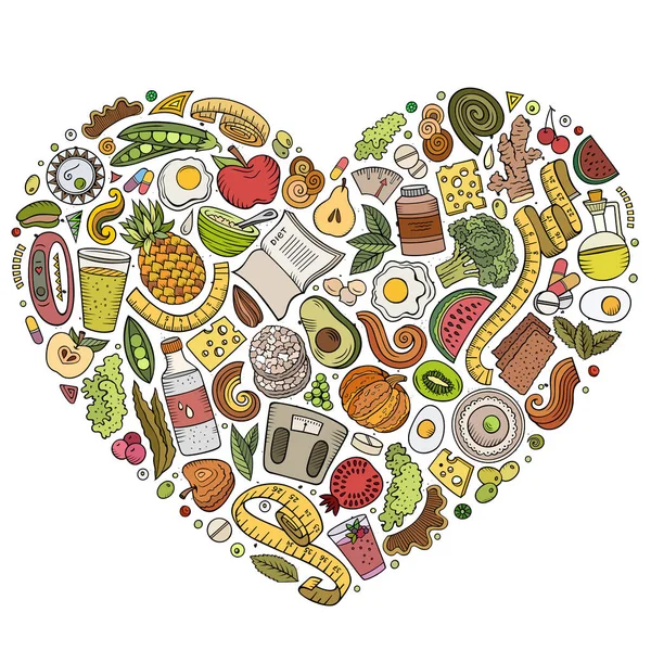 Conjunto Dibujos Animados Vectoriales Garabatos Dieta Alimentos Objetos Recogidos Corazón — Archivo Imágenes Vectoriales