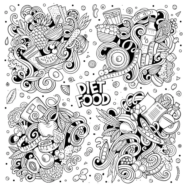 Sketchy Vetor Mão Desenhado Doodles Cartoon Conjunto Dieta Combinações Alimentos —  Vetores de Stock