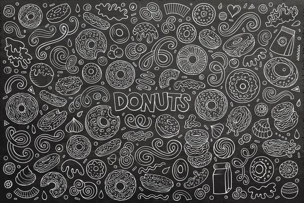 Chalkboard Vetor Mão Desenhada Doodle Cartoon Conjunto Objetos Donuts Símbolos —  Vetores de Stock