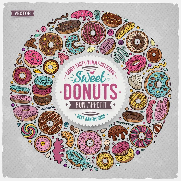 Colorido Vector Dibujado Mano Conjunto Donuts Dibujos Animados Doodle Objetos — Vector de stock