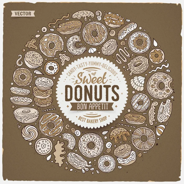 Vector Mão Desenhada Conjunto Donuts Desenhos Animados Doodle Objetos Símbolos — Vetor de Stock