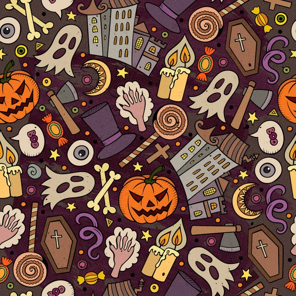 Cartoon Niedliche Hand Gezeichnet Halloween Nahtlose Muster Bunt Detailliert Mit — Stockvektor