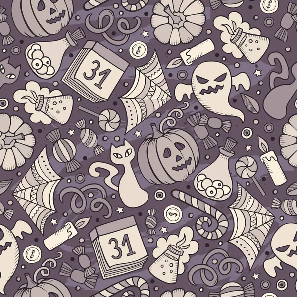 Cartoon Niedliche Hand Gezeichnet Halloween Nahtlose Muster Monochrom Detailliert Mit — Stockvektor