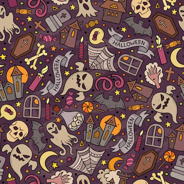 Rajzfilm Aranyos Kézzel Rajzolt Halloween Zökkenőmentes Minta Színes Részletes Sok — Stock Vector