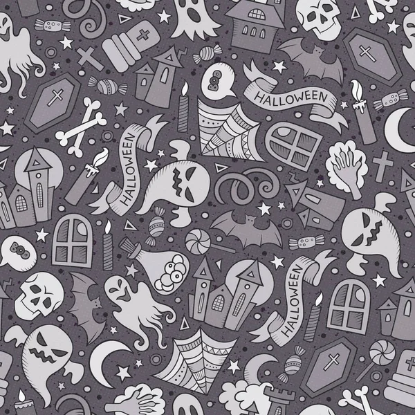 Dibujos Animados Lindo Dibujado Mano Patrón Sin Costuras Halloween Monocromo — Vector de stock