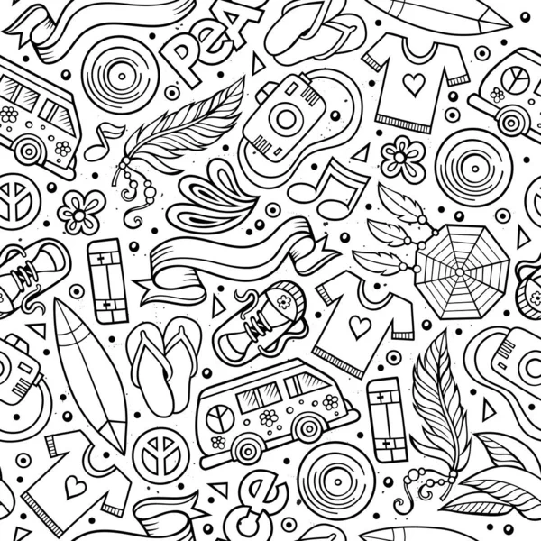 Cartoon Met Hand Getekende Hippie Krabbels Naadloos Patroon Line Art — Stockvector