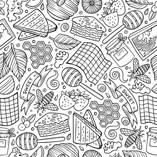 Cartoon Cute Hand Drawn Honey Seamless Pattern Line Art Rinci - Stok Vektor