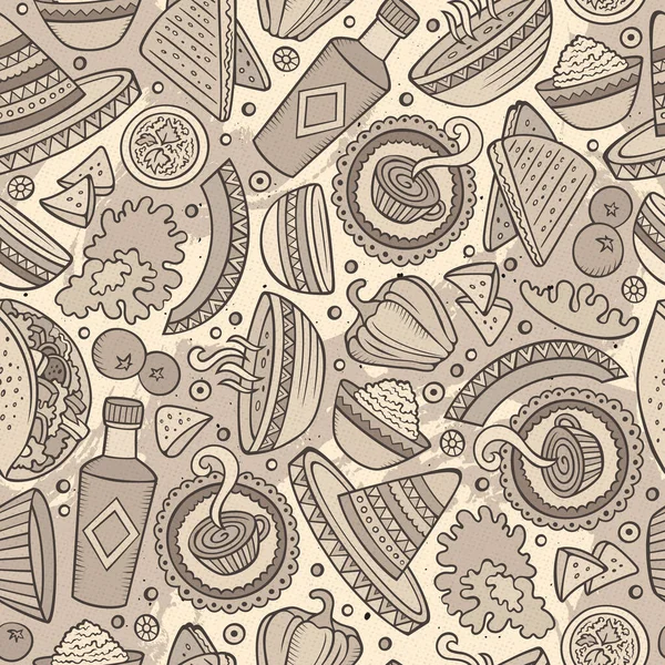 Мультяшний Намальований Вручну Латиноамериканський Мексиканський Харчовий Безшовний Візерунок Багато Символів — стоковий вектор