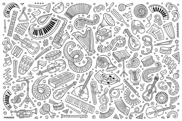 Vector Dibujado Mano Garabatos Conjunto Dibujos Animados Instrumentos Musicales Clásicos — Vector de stock