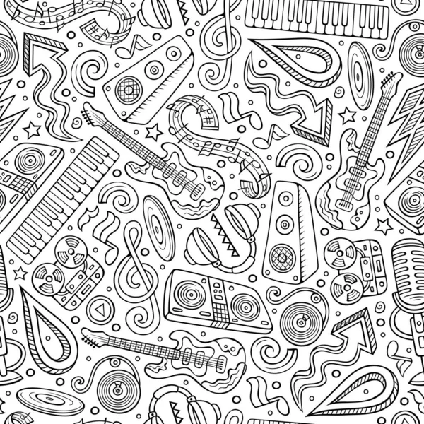 卡通手绘迪斯科音乐无缝图案 很多符号 物体和元素 完美有趣的矢量背景 — 图库矢量图片