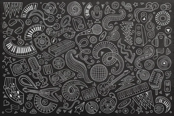 Chalkboard Vetor Mão Desenhada Doodles Desenho Animado Conjunto Objetos Música — Vetor de Stock
