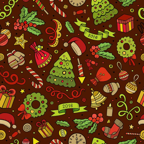 Cartoon Vector Doodles Nieuwjaar Kerstmis Naadloos Patroon — Stockvector