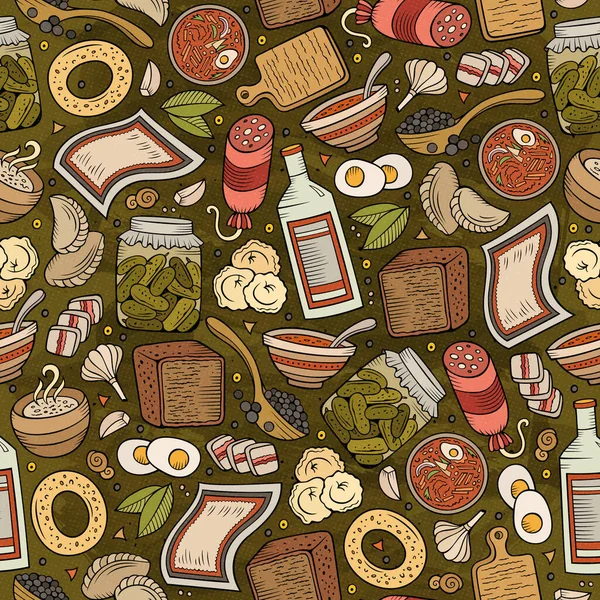Cartoon Hand Drawn Slavic Food Seamless Pattern Lots Symbols Objects — Stock Vector