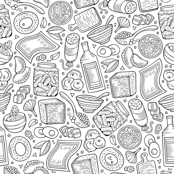 Desenhos Animados Desenhados Mão Padrão Eslavo Alimentos Sem Costura Muitos — Vetor de Stock