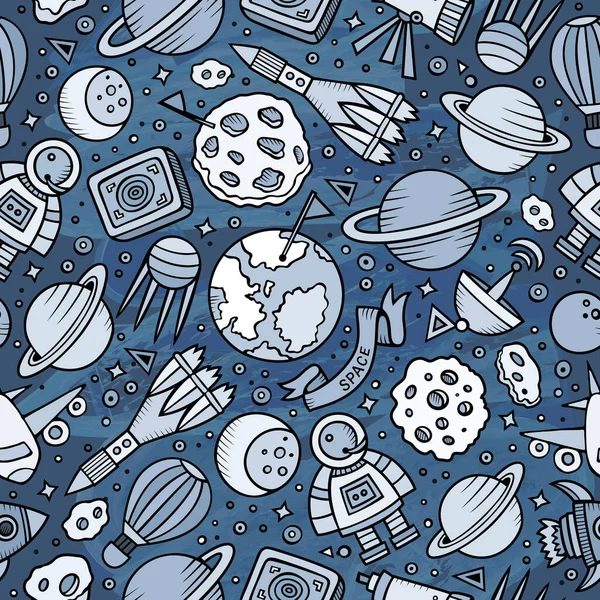 Dibujos Animados Dibujado Mano Espacio Planetas Patrón Sin Costura Muchos — Archivo Imágenes Vectoriales