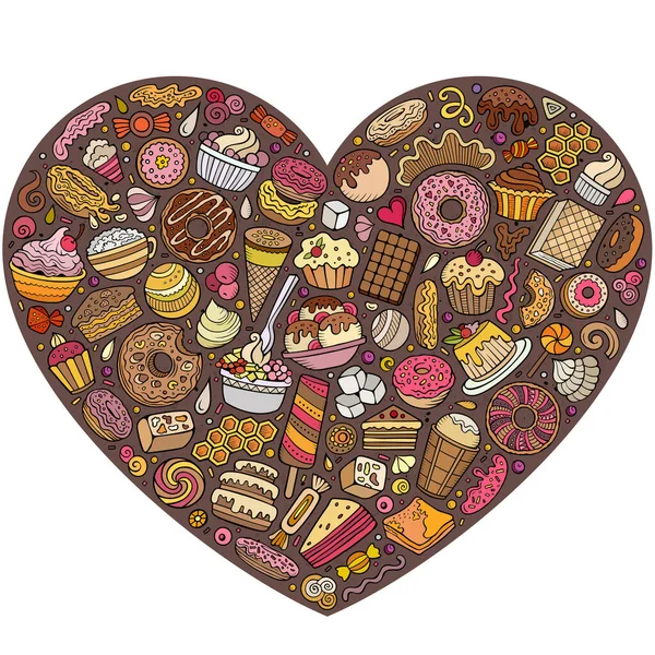 Kolorowy Wektor Ręcznie Narysowany Zestaw Sweet Food Kreskówki Doodle Obiektów — Wektor stockowy