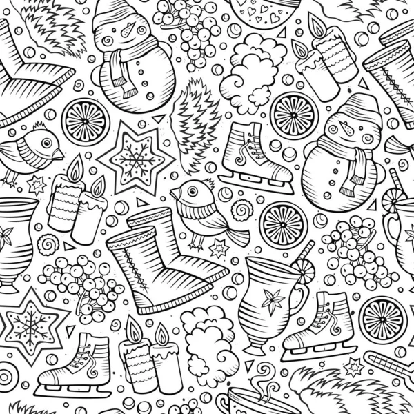 Tekenfilm Leuke Hand Getekend Winter Seizoen Naadloos Patroon Line Art — Stockvector