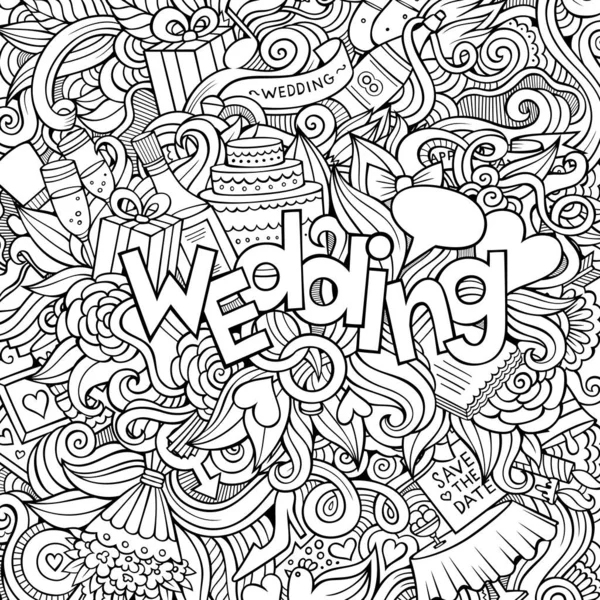 Kreskówka Cute Bazgroły Ręcznie Narysowane Wedding Napis Szkicowa Ilustracja Tematyką — Wektor stockowy