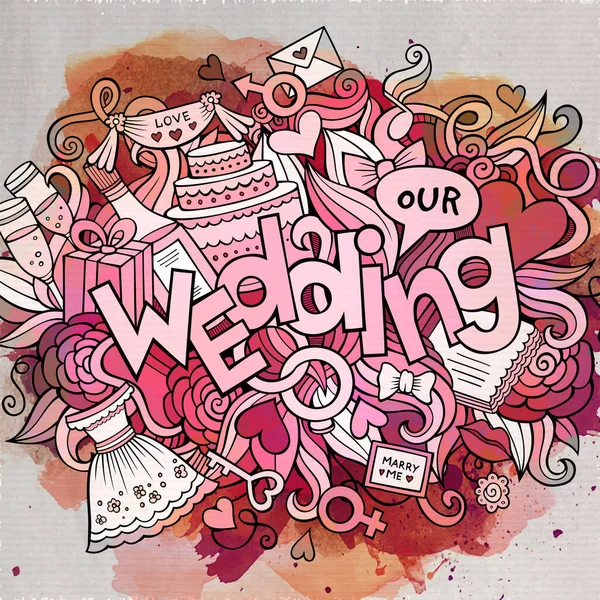 Kreskówka Cute Bazgroły Ręcznie Narysowane Wedding Napis Akwarela Szczegółowa Ilustracja — Wektor stockowy