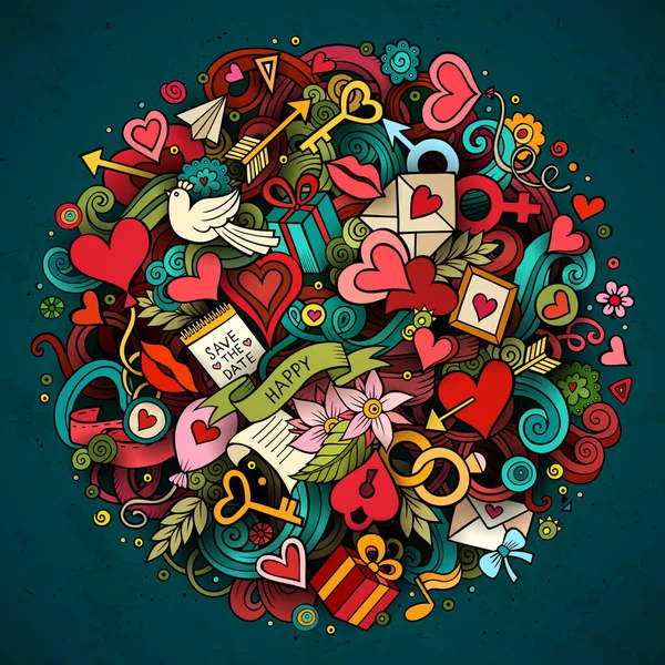 Wektor Kreskówek Ręcznie Rysowane Doodle Love Ilustracji Kolorowe Szczegółowe Tło — Wektor stockowy