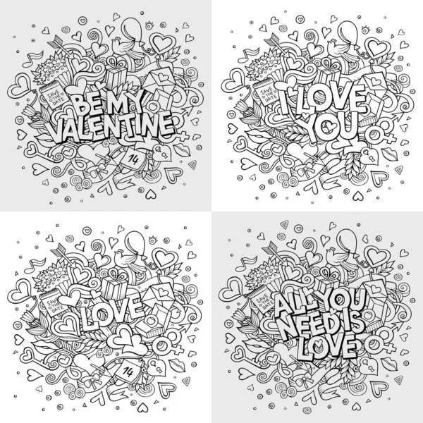Set Vector Hand Getekend Doodle Gelukkige Valentijnsdag Illustraties Kleurrijke Gedetailleerde — Stockvector