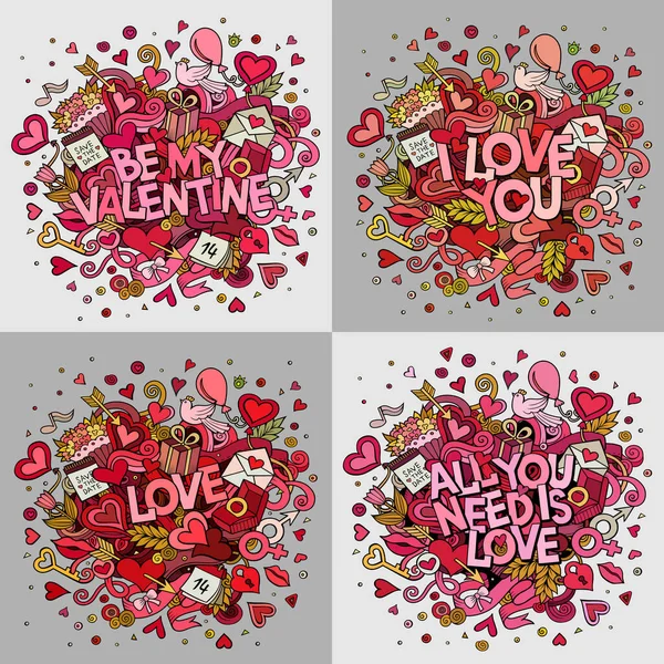 Σετ Διανυσματικών Χειροποίητων Εικονογραφήσεων Doodle Happy Valentine Πολύχρωμο Λεπτομερές Υπόβαθρο — Διανυσματικό Αρχείο