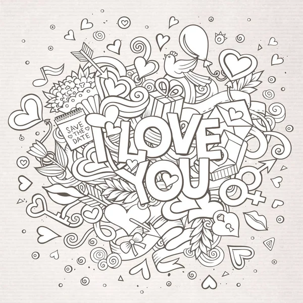 Cartoon Vector Hand Drawn Doodle Love You Illustration Line Art — Stock Vector