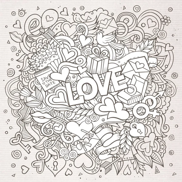 Cartoon Vector Hand Menggambar Ilustrasi Doodle Love Latar Belakang Desain - Stok Vektor