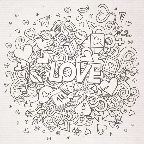 漫画ベクトル手の落書きの愛のイラストを描いた オブジェクトとシンボルを持つラインアートの詳細デザインの背景 — ストックベクタ