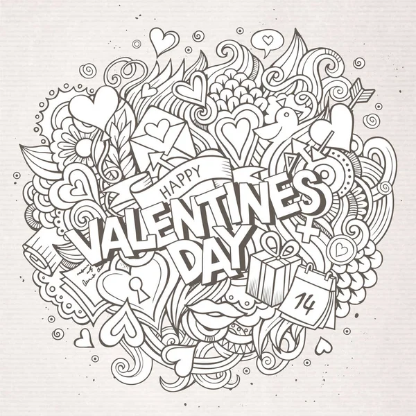 Cartoon Vector Hand Drawn Doodle Happy Valentines Day Illustration Line — Stock Vector