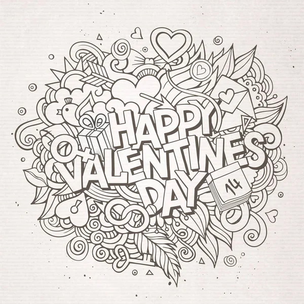 수작업 Doodle Happy Valentines Day 디자인의 배경을 대상과 상징으로 — 스톡 벡터