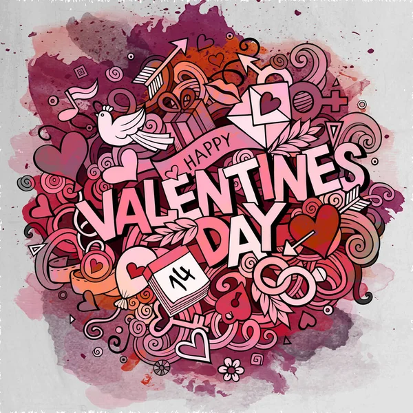 Cartoon Vector Hand Drawn Doodle Happy Valentines Day Illustration Watercolor — Stock Vector