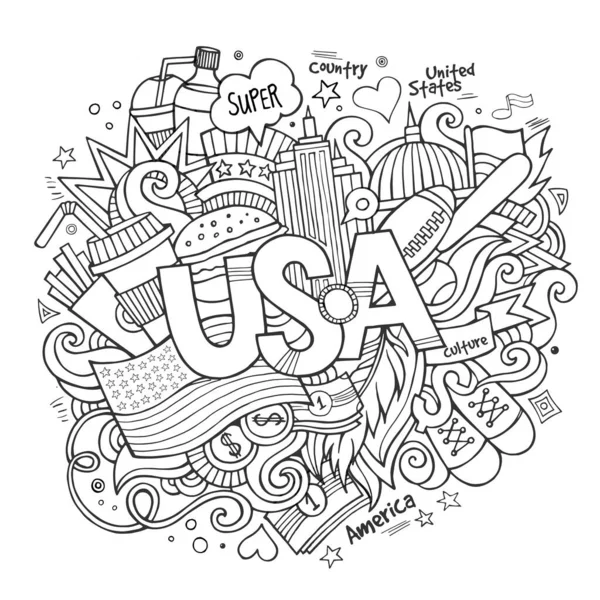 Usa Hand Lettering Doodles Elements Background Vector Illustration — Stock Vector