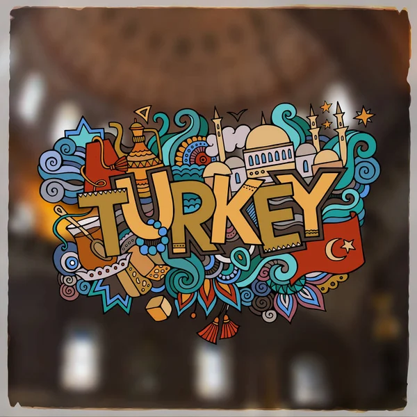 Turkije Hand Belettering Doodles Elementen Achtergrond Vector Wazig Illustratie — Stockvector