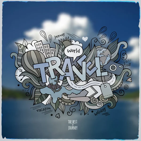 Letras Mano Viaje Doodles Elementos Fondo Vector Playa Borrosa Ilustración — Vector de stock