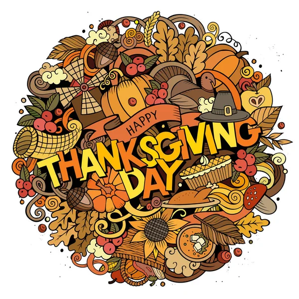 Cartoon Schattige Doodles Met Hand Getekend Thanksgiving Inscriptie Kleurrijke Illustratie — Stockvector