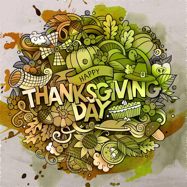 Tekenfilm Schattige Doodles Hand Getekend Thanksgiving Inscriptie Aquarel Illustratie Met — Stockvector