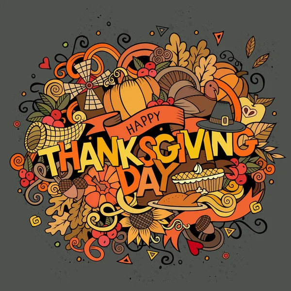 Tecknad Vektor Handritad Doodle Thanksgiving Illustration Färgglad Design Bakgrund Med — Stock vektor