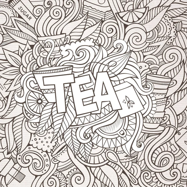 Tea Kézzel Felirat Firkál Elemek Háttér Vektorillusztráció — Stock Vector