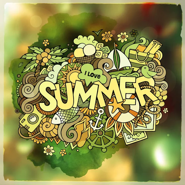 Summer Hand Lettering Doodles Elements Vector Blurred Illustration — Stock Vector