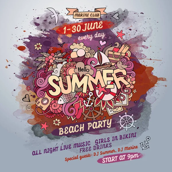 Vector Summer Doodles Watercolor Paint Party Poster Design — Stock Vector