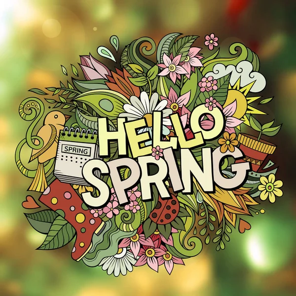 Мультфильм Милые Духи Нарисованы Вручную Hello Spring Word Красочная Иллюстрация — стоковый вектор