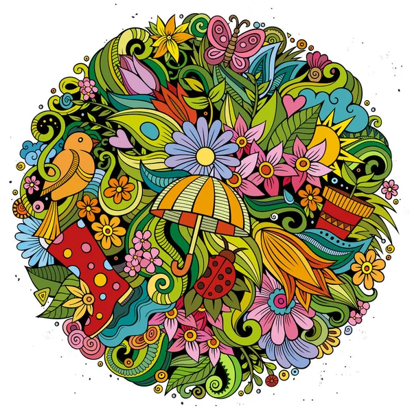Cartoon Niedliche Kritzeleien Handgezeichnete Spring Illustration Farbenfrohe Detailkomposition Viele Objekte — Stockvektor