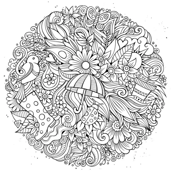 Cartoon Niedliche Kritzeleien Handgezeichnete Spring Illustration Linienkunst Detaillierte Komposition Viele — Stockvektor