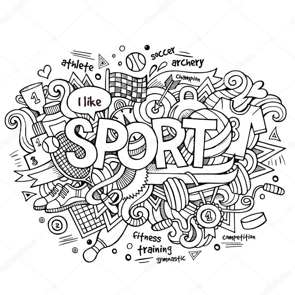Sport hand lettering and doodles elements background. Vector illustration