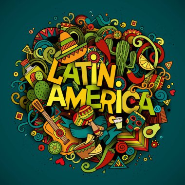 Latin America colorful festive background. Cartoon vector hand drawn Doodle illustration. Multicolored bright detailed design with objects and symbols. All objects are separated clipart